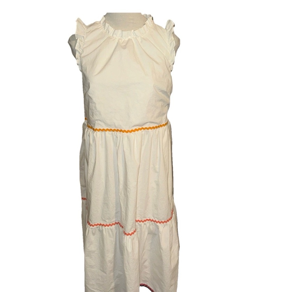 J. Crew Dress Size 8 White Sleeveless Tiered Ruffle RickRack Trim Midi Sun Dress